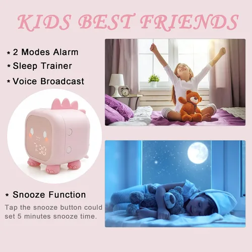 Vista 5 de Reloj despertador para niños con diseño de dinosaurio, reloj despertador digital rosa para niños y niñas con luz nocturna