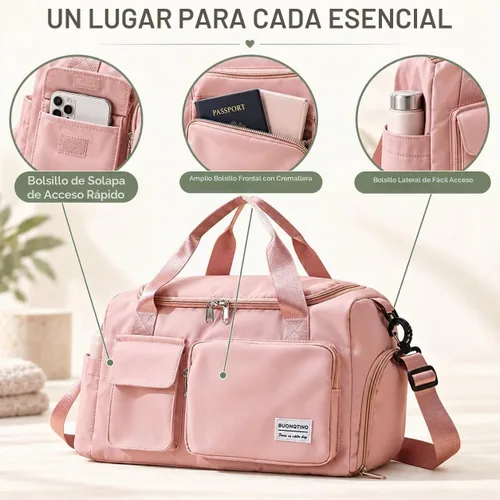 Vista 7 de Bolsa de Gimnasio Pequeña para Mujer, Bolsa de Lona de Viaje, Bolsa de Fin de Semana con Compartimento para Zapatos rosado