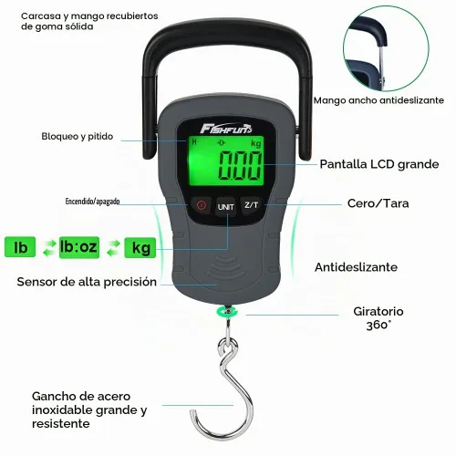 Vista 3 de Fishfun Báscula digital de pescado, báscula electrónica para colgar peces con mango grande y cinta métrica, báscula de pesca de 110 libras / 110.2
