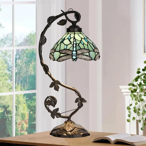 Vista 2 de TL0024 Lámpara estilo Tiffany azul mar con libélula, pantalla de vidrio emplomado y base de lámpara de mesa con diseño de vid para dormitorio, sala