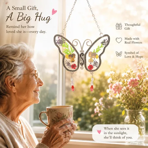 Vista 2 de Atrapasoles de mariposa con alas de flores prensadas – Regalo para familiares y amigos – Altura colgante 8 pulgadas – Viene con cadena adjunta