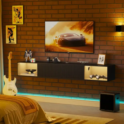 Vista 3 de Soporte de TV flotante de 55 pulgadas con luz LED, soporte de TV flotante montado en la pared, centro de entretenimiento flotante con almacenamiento