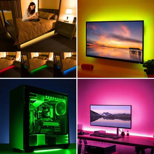 Vista 3 de Kit de tiras de luz LED USB, 4 tiras de luz LED RGB precortadas de 1.64 pies/6.56 pies, luces de fondo de TV que cambian de color con control