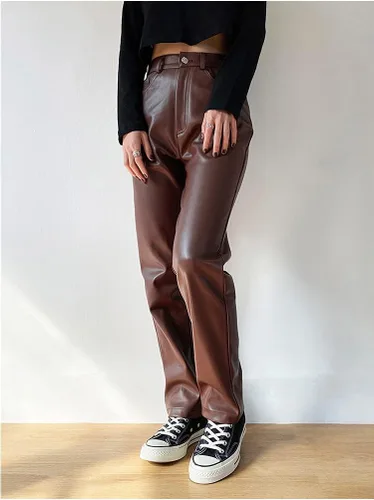 Vista 4 de Pantalones de piel sintética para mujer, cintura alta, pierna recta, pantalones de poliuretano vintage Y2k, ropa de calle sexy y holgada