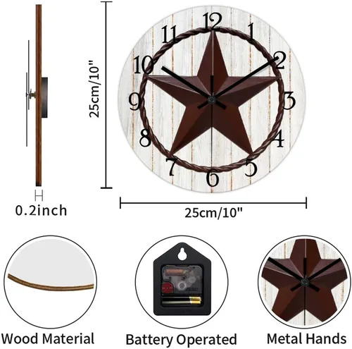 Vista 2 de Reloj de pared con diseño de país occidental de Texas, reloj de madera sin tictac, silencioso, funciona con pilas, con números grandes, reloj