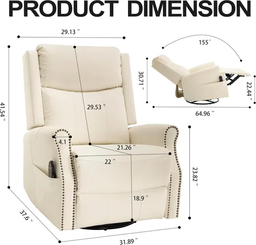 Vista 2 de Faux Leather Manual Swivel Rocker Recliner Chair, Vibration Massage, Beige
