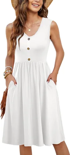 Vista 34 de MOLERANI - Vestidos de verano para mujer, sin mangas, casual, sueltos, acampanados, midi, con botones, con bolsillos Estampado Azul Marino Blanco