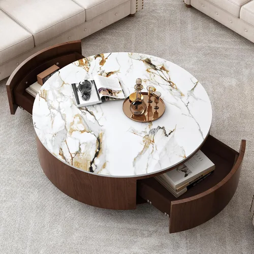 Vista 27 de Mesa de centro redonda de 31.3 pulgadas, mesa de centro moderna para sala de estar, estilo escultórico minimalista contemporáneo de granja, grano