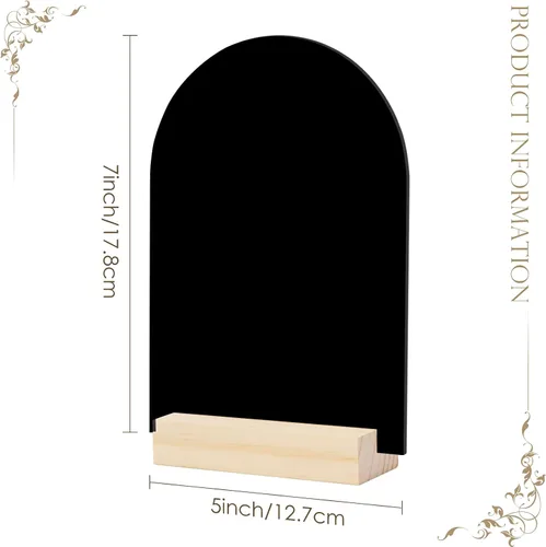 Vista 2 de Cartel de mesa de acrílico de arco negro con soporte de madera, paquete de 10 hojas acrílicas de arco en blanco con base, letrero arqueado