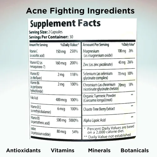 Vista 7 de Clear Skin - Paquete de vitaminas para el acné 20 antioxidantes, botánicos, minerales y vitaminas Pastillas hormonales y quísticas para el acné