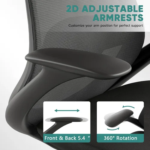 Vista 6 de Silla de oficina ergonómica de malla, silla de escritorio ejecutiva de 330 libras con soporte lumbar, reposabrazos 2D, cómodas sillas giratorias