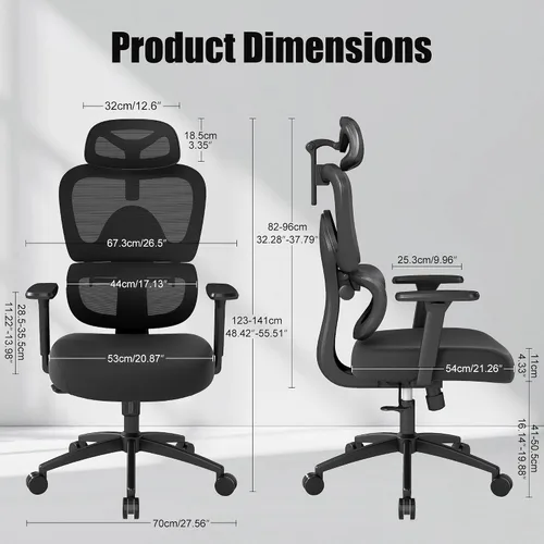 Vista 2 de Silla de oficina ergonómica con soporte lumbar ajustable, brazos y reposacabezas 3D, respaldo alto, silla de computadora de escritorio ancha