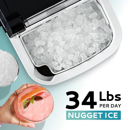 Vista 2 de EUHOMY, Fabricador de hielo para encimera con asa, listo en 6 minutos, 34 libras por día, cubierta superior extraíble, autolimpiante, máquina