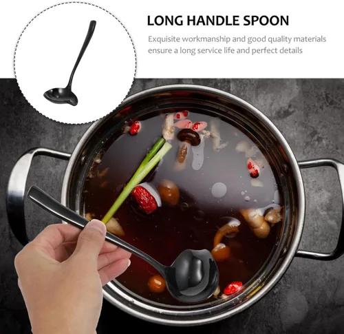 Vista 8 de OSALADI Cuchara de sopa Duckbill de acero inoxidable con mango largo resistente a derrames, diseño para salsas y postres de 7.48 pulgadas, utensilio