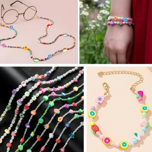 Vista 3 de 200 cuentas de arcilla polimérica de flores, cuentas espaciadoras de flores mixtas para hacer pulseras, collares, joyas