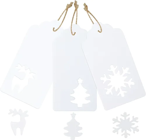 Vista 2 de joycraft 150 etiquetas de regalo de Navidad con cuerda, 3 estilos de etiquetas blancas huecas en blanco, etiquetas colgantes de regalo