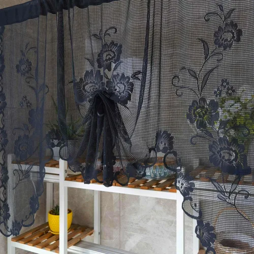 Vista 5 de Cenefa de cortina de encaje transparente con bordado floral negro, estilo princesa, estilo princesa, cenefa de cortina bordada en cascada
