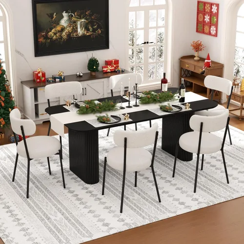 Vista 13 de Juego de mesa de comedor ovalada negra moderna de 70.9 pulgadas para 4, mesa de cocina rectangular estilo crema con sillas negras Boucle, juego