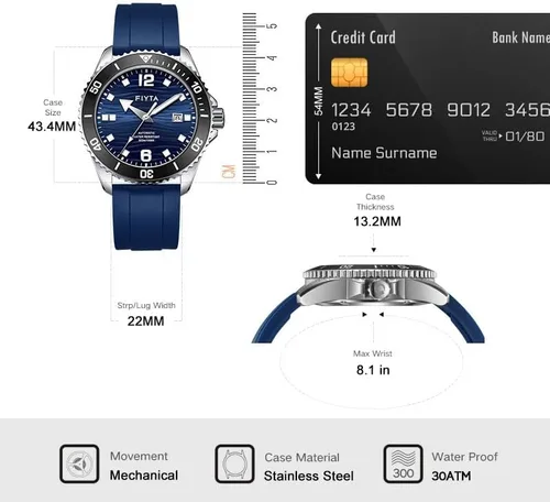 Vista 5 de FIYTA Reloj de buceo Ocean Series para hombre, automático, marcadores luminosos, bisel giratorio, resistente al agua hasta 984.3 ft, 1.709 in