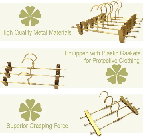Vista 8 de Percha para pantalones, perchas de aluminio dorado para faldas, 2 clips ajustables, perchas de ropa resistentes que ahorran espacio, percha duradera