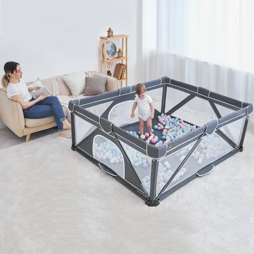 Vista 7 de Yobear - Corralito plegable para bebés y niños pequeños con 50 pelotas oceánicas y 2 asas, área de juego de seguridad para niños en interiores