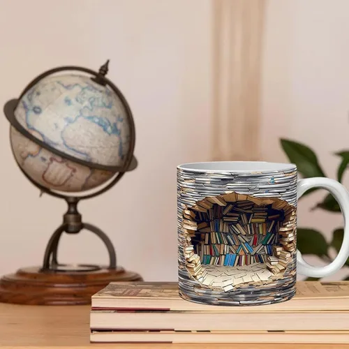 Vista 3 de Taza de estantería 3D, tazas de biblioteca, taza de café para amantes de los libros, taza de cerámica con diseño creativo del espacio para mujeres