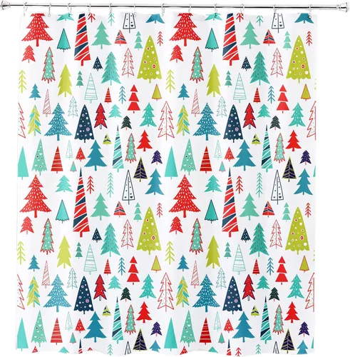 Vista 2 de Cortina de ducha con diseño de árbol de Navidad, acuarela, árbol de Navidad, invierno, vacaciones, tela de poliéster, cortina de ducha de baño, 72 x