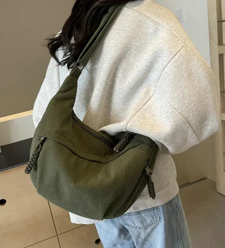 Vista 4 de Bolso Hobo para mujeres y hombres, bolso de hombro de media luna, bolso cruzado de lona de nailon retro, bolso cruzado de pana holgado
