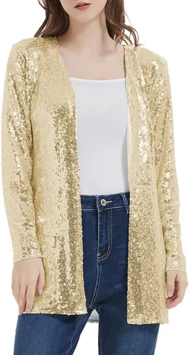 Vista 2 de Anna-Kaci Chaqueta de lentejuelas para mujer, chaqueta con frente abierto, chaqueta de fiesta, cóctel, ropa de abrigo, cárdigan