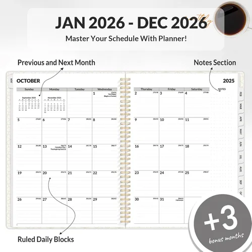 Vista 2 de SUNEE Agenda 2026, agenda semanal y mensual, enero de 2026 a diciembre de 2026, agenda diaria con pestañas, páginas de notas, encuadernación en Negro