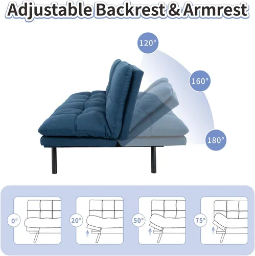 Vista 3 de MUUEGM Sofá cama futón de espuma viscoelástica, moderno sofá de oficina de tela azul, sofá convertible para espacios pequeños, apartamento, oficina