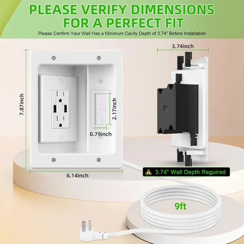 Vista 2 de Kit de organización de cables de pared con placa de pared de cepillo, salidas de CA y puertos USB, cable de 9 pies, toma de pared empotrada