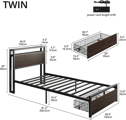 Vista 2 de LIKIMIO - Marco de cama individual con cajón y estación de carga, color marrón oscuro 2-Tier Storage Headboard with Metal Construction Frame, No