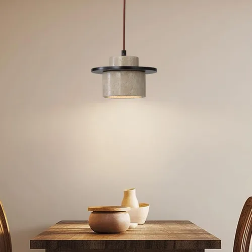 Vista 3 de Lámpara colgante japonesa Wabi Sabi de piedra natural, lámpara colgante de travertino amarillo nórdico para isla de cocina, candelabro de madera