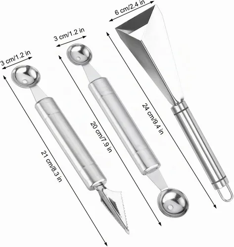 Vista 2 de Herramientas de tallado de frutas, cuchillo para tallar frutas, paquete de 3, herramientas de tallado de verduras de acero inoxidable, cuchara