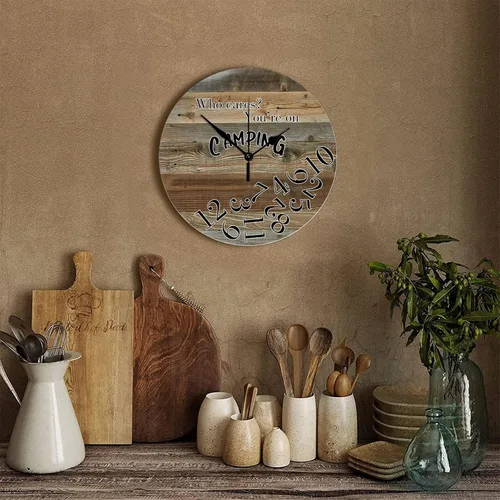 Vista 3 de Reloj de pared de madera de 12 pulgadas con texto en inglés "Who Cares You're on Camping Silent Silent Silent Quiet Wall Clock Retro Old Fashioned