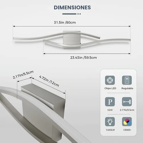 Vista 4 de Joossnwell Luces de tocador de níquel cepillado para accesorios de iluminación de baño, sobre espejo, regulables, 5CCT, moderno, lámpara de pared
