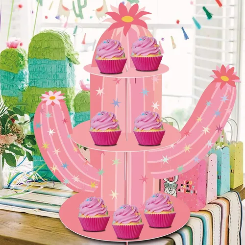 Vista 6 de Soporte para cupcakes de cactus rosa, soporte para cupcakes de fiesta mexicana para vaquera, cumpleaños, despedida de soltera