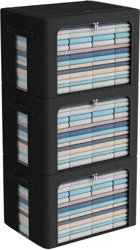 Vista 22 de Paquete de 3 cajas de almacenamiento con marco, bolsas de almacenamiento de ropa, tela Oxford, plegable, apilable, juego organizador con ventana