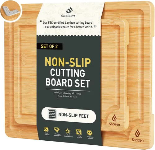 Vista 22 de Tabla de cortar de bambú extra grande con pies antideslizantes y tabla de cortar de madera para cocina con ranura de jugos para carne, verduras