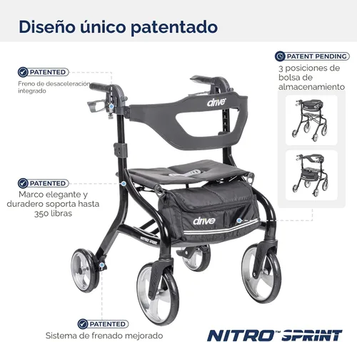 Vista 2 de Drive Medical Nitro Sprint - Andador plegable con asiento, ligero, para estatura estándar, con ruedas grandes, plegable, color negro