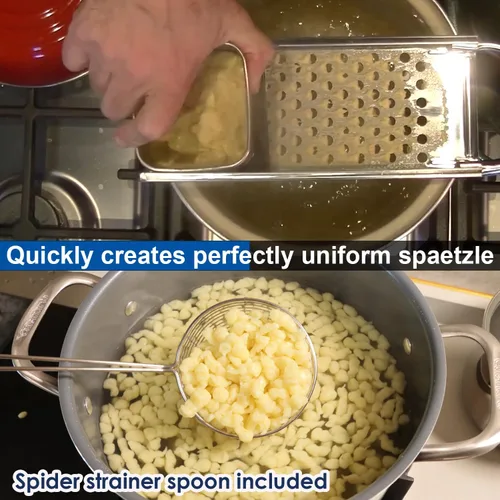 Vista 5 de Spaetzle Maker de acero inoxidable con mango de agarre cómodo, prensa Spaetzle con cuchara coladora de araña, espátula de silicona y cepillo