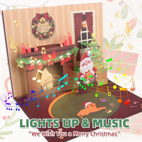 Vista 2 de XTF2015 Tarjeta de Navidad 3D Emergente con Música, Iluminación LED, Tarjeta de Felicitación con Chimenea y Sobre para Mujeres, Hombres, Niños