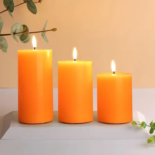 Vista 6 de Eywamage Velas de pilar sin llama de otoño naranja con control remoto, velas LED parpadeantes de cera de Acción de Gracias, funciona