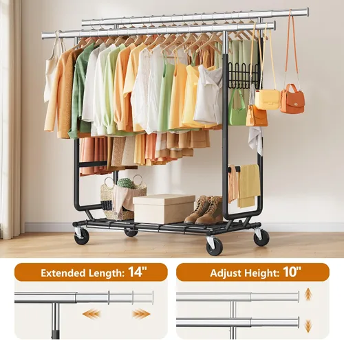 Vista 7 de Gewudraw Estante de ropa resistente con carga de 900 libras, estante comercial de doble barra con ruedas y estantes resistentes, estante colgante