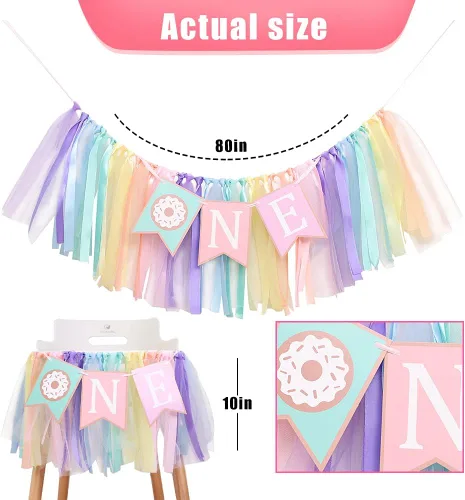 Vista 2 de Cartel de cumpleaños de 1 a 2 años de edad – Cartel para silla alta de cumpleaños con tema de dona, un grupo de tutú de cinta de arco iris suave