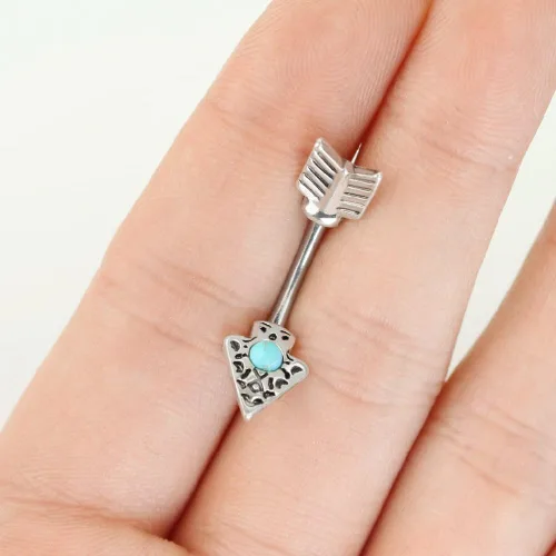 Vista 3 de Pierced Owl Anillo de ombligo con flecha tribal turquesa de acero inoxidable 14G, Latón, acero inoxidable