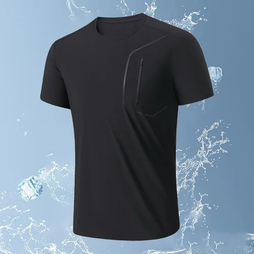 Vista 2 de Camisetas para hombre con bolsillo con cremallera, camiseta atlética de moda para gimnasio, fisicoculturismo, manga corta, cuello redondo liso