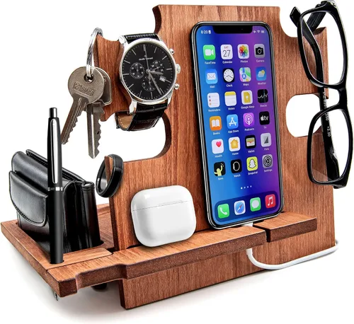 Vista 11 de Estación de acoplamiento para teléfono, soporte de reloj de madera, organizador de mesita de noche, regalos para él, gadgets para hombres, regalo
