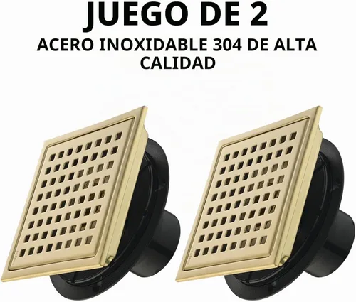 Vista 2 de Juego de 2 desagües de ducha de acero inoxidable 304 de 6 pulgadas, kit de drenaje cuadrado dorado cepillado con brida, rejilla de cubierta
